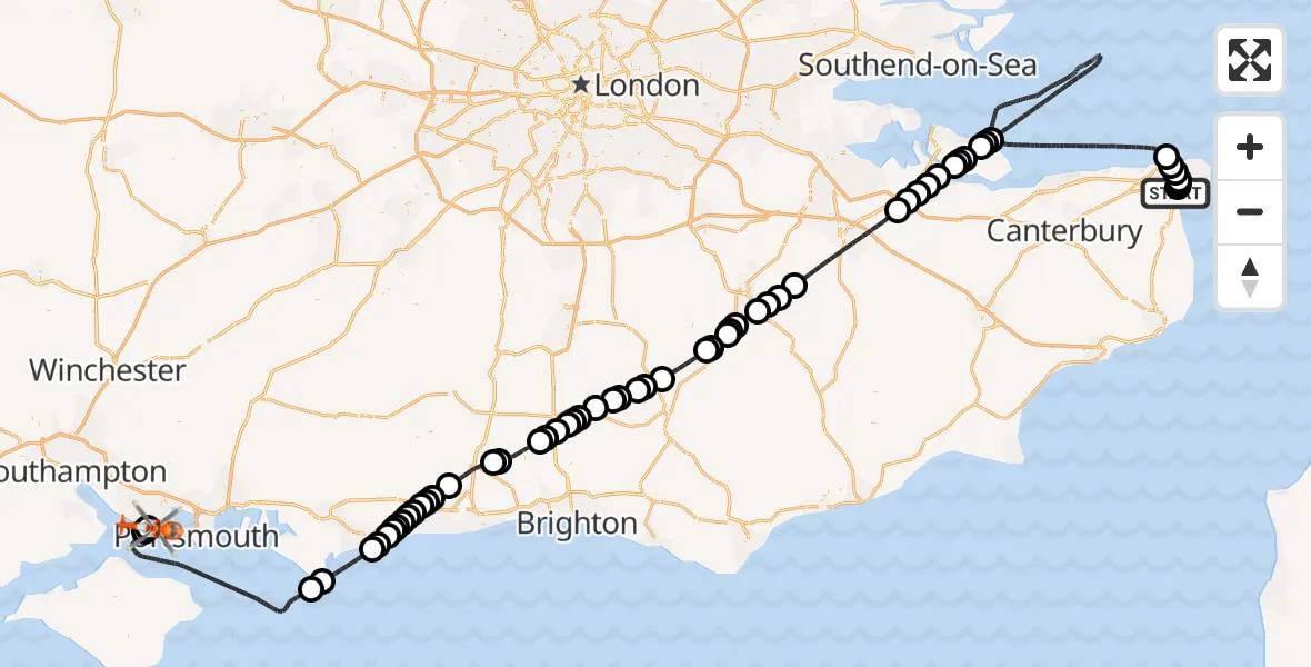 Flight path map showing Coastguard Helicopter route from Manston Airport to Solent Airport