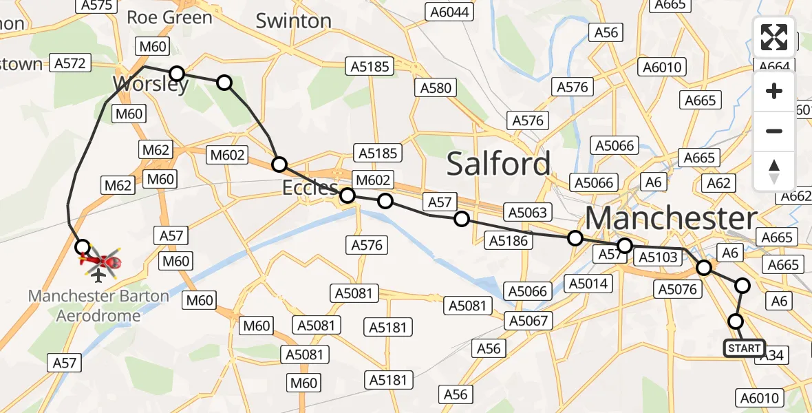 Flight path map showing Air Ambulance Helicopter route from Ardwick to Manchester Barton Aerodrome