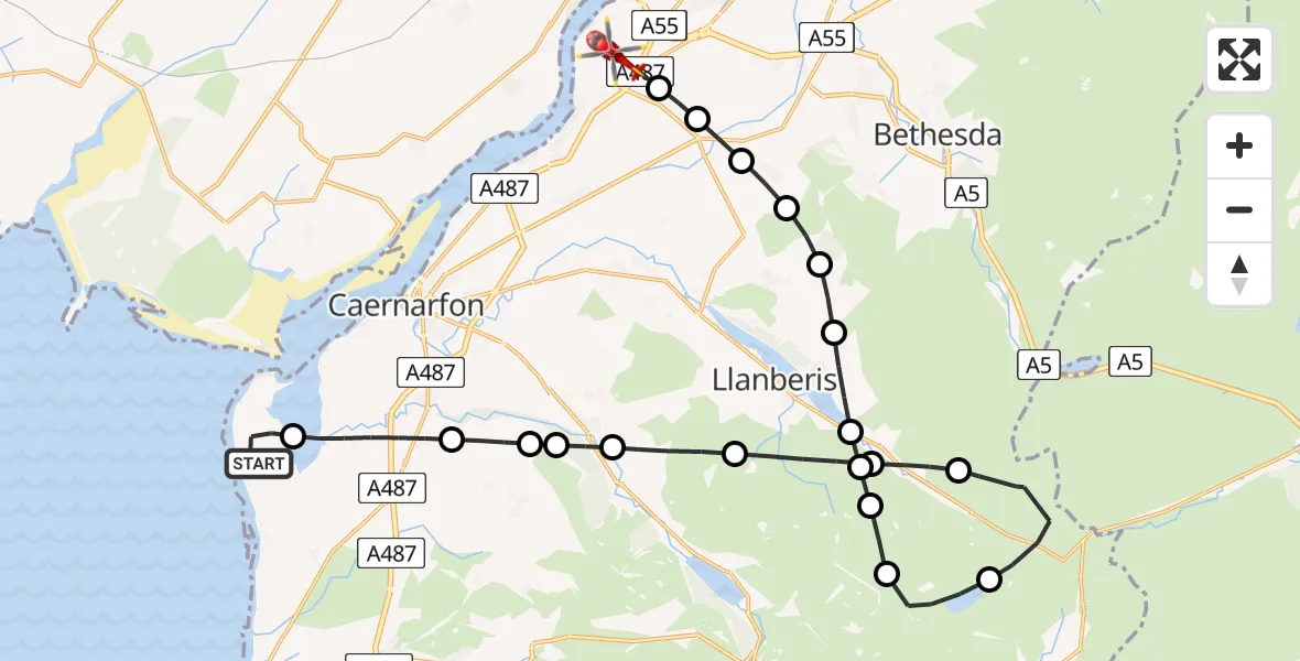 Flight path map showing Air Ambulance Helicopter route from Caernarfon Airport to Aber Pwll