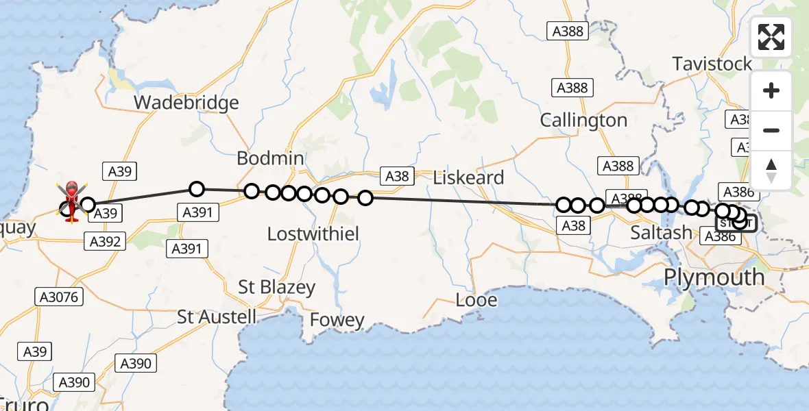 Flight path map showing Air Ambulance Helicopter route from Derriford Hospital to Cornwall Airport Newquay