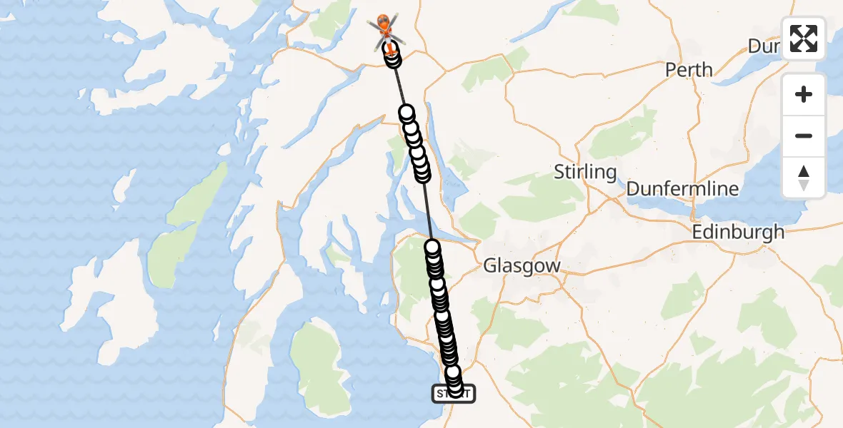 Flight path map showing Coastguard Helicopter route from Glasgow Prestwick Airport to Argyll and Bute