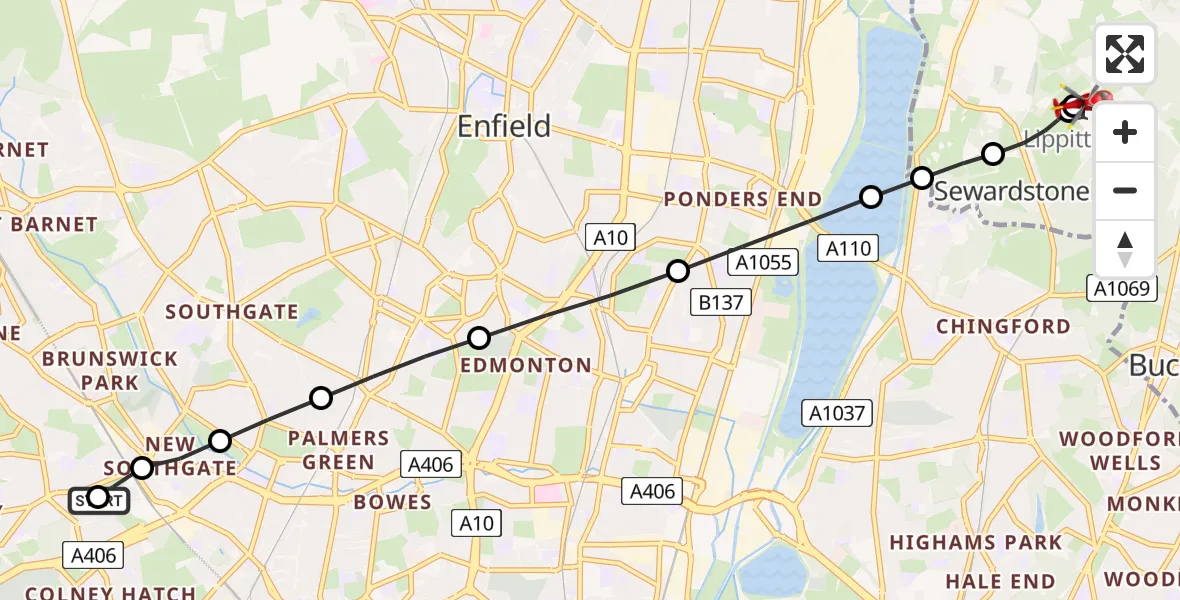 Flight path map showing Air Ambulance Helicopter route from Friern Barnet to Metropolitan Police Air Support Unit Lippitts Hill