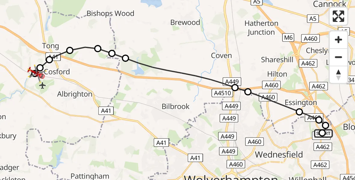 Flight path map showing Air Ambulance Helicopter route from Bloxwich to Cosford