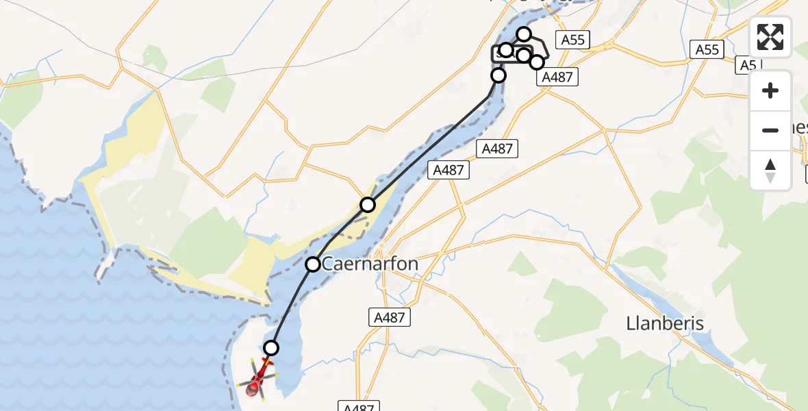 Flight path map showing Air Ambulance Helicopter route from Llanfairpwllgwyngyll to Caernarfon Airport