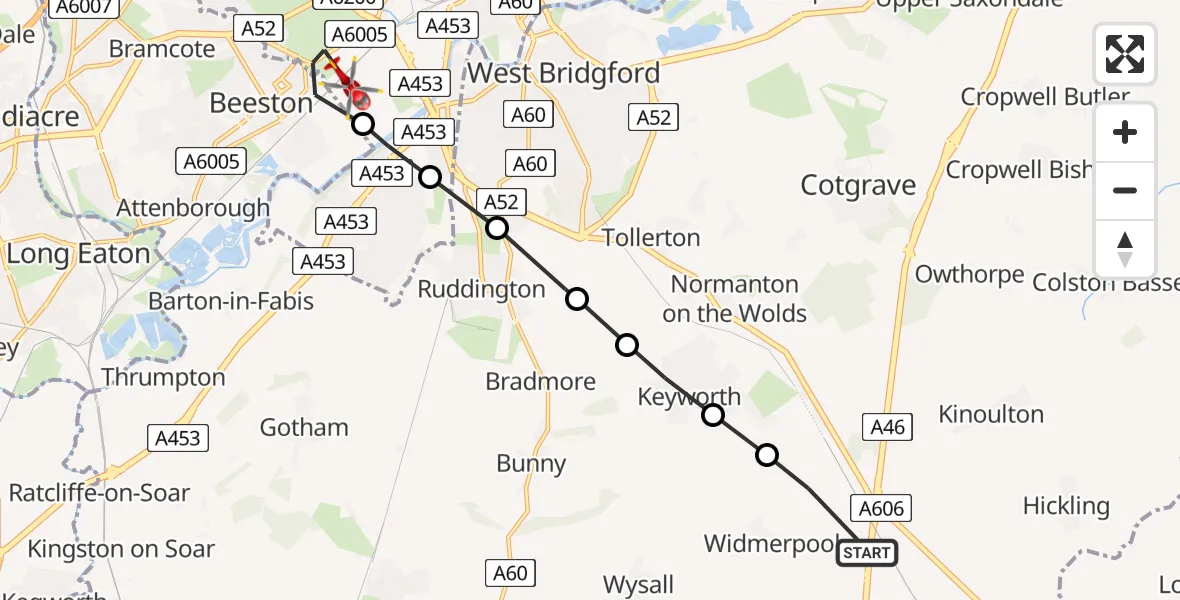 Flight path map showing Air Ambulance Helicopter route from Widmerpool to City of Nottingham