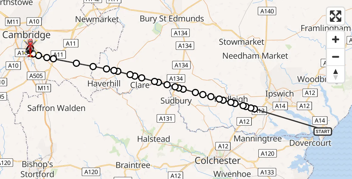 Flight path map showing Air Ambulance Helicopter route from Felixstowe to Papworth Hospital