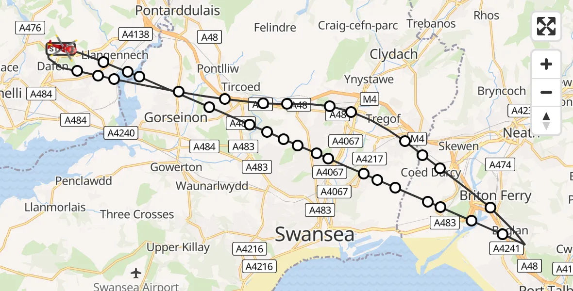 Flight path map showing Air Ambulance Helicopter route from Dafen to Dafen