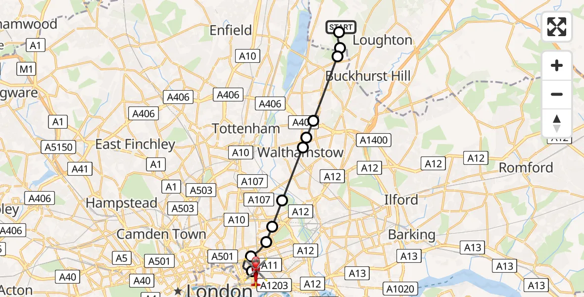 Flight path map showing Air Ambulance Helicopter route from Metropolitan Police Air Support Unit Lippitts Hill to Royal London Hospital