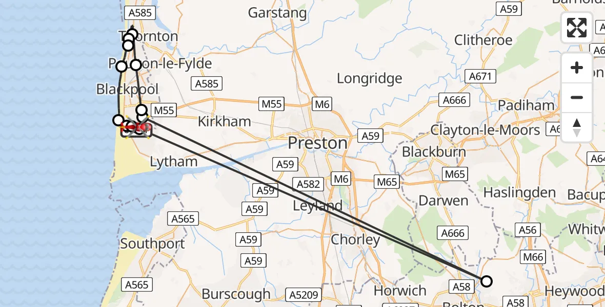 Flight path map showing Air Ambulance Helicopter route from Blackpool Airport to Blackpool Airport
