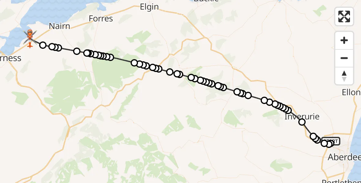Flight path map showing Coastguard Helicopter route from Aberdeen International Airport to Inverness Airport