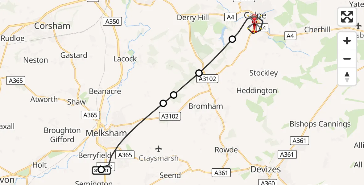 Flight path map showing Air Ambulance Helicopter route from Wiltshire Air Ambulance to Calne