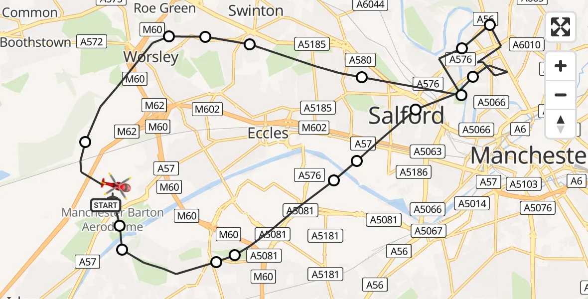 Flight path map showing Air Ambulance Helicopter route from Manchester Barton Aerodrome to Manchester Barton Aerodrome