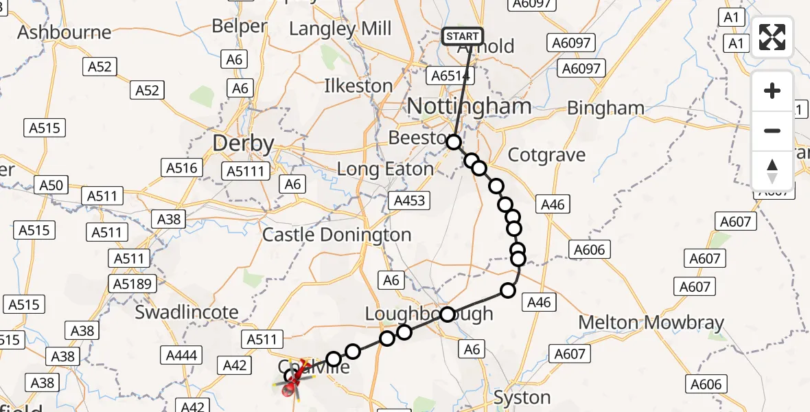 Flight path map showing Air Ambulance Helicopter route from Arnold to Ravenstone
