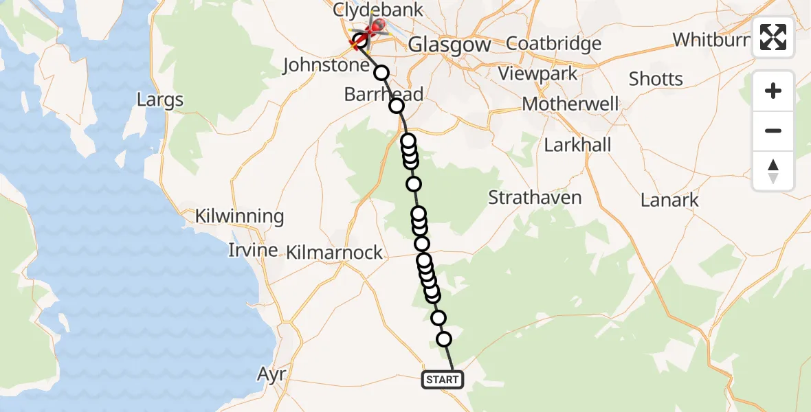 Flight path map showing Air Ambulance Helicopter route from Cumnock to Glasgow Airport