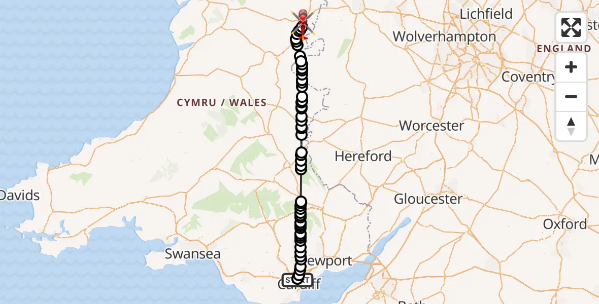 Flight path map showing Air Ambulance Helicopter route from Birchgrove to Welshpool Airport