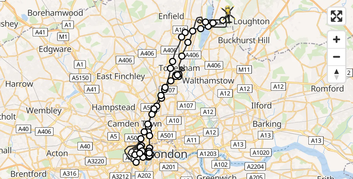Flight path map showing Police Helicopter route from Sewardstonebury to Sewardstonebury