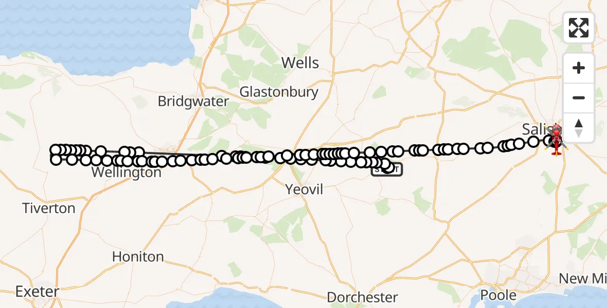 Flight path map showing Air Ambulance Helicopter route from Henstridge Airfield to Salisbury District Hospital