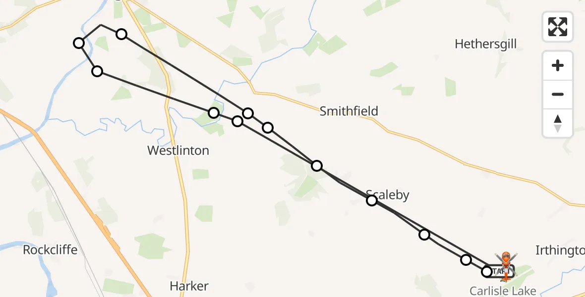 Flight path map showing Coastguard Helicopter route from Carlisle Lake District Airport to Carlisle Lake District Airport