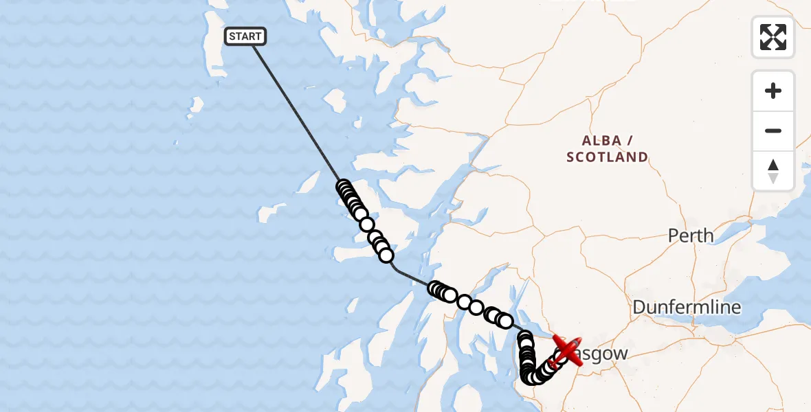 Flight path map showing Air Ambulance Aircraft route from Inner Seas to Glasgow Airport