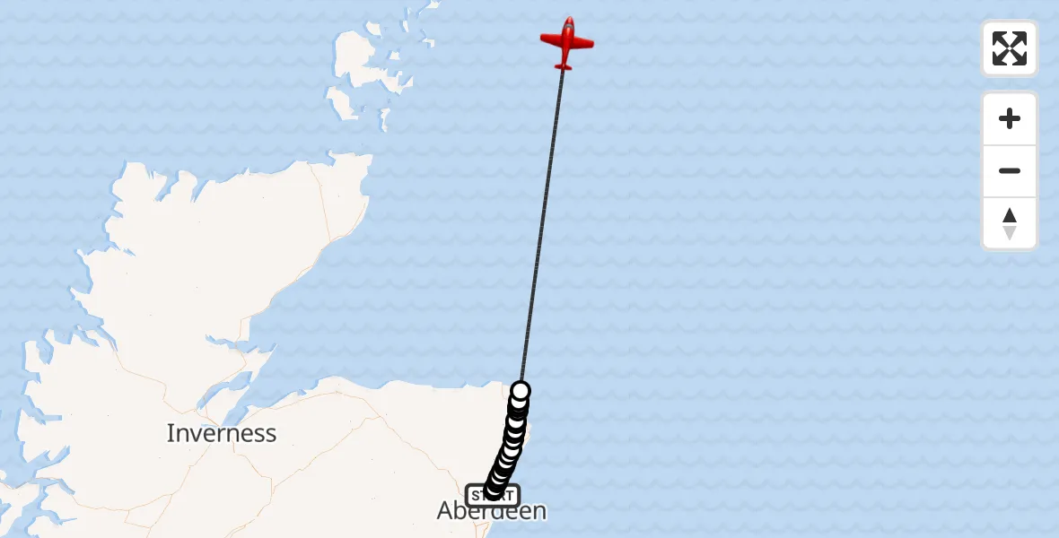 Flight path map showing Air Ambulance Aircraft route from Potterton to North Sea