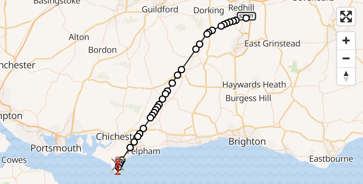 Flight path map showing Air Ambulance Helicopter route from Redhill Aerodrome to Selsey