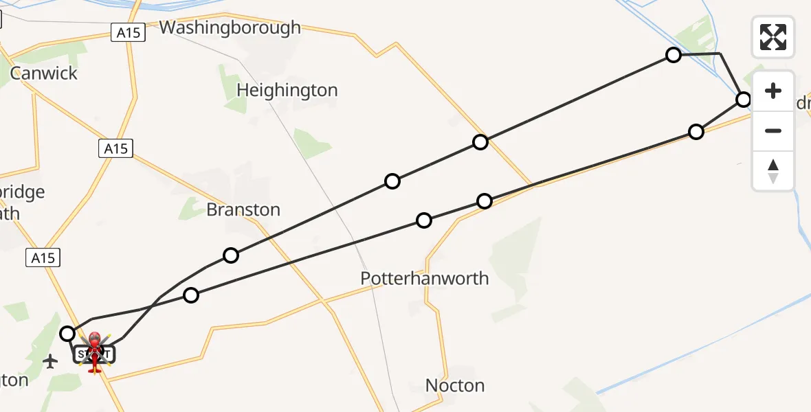 Flight path map showing Air Ambulance Helicopter route from RAF Waddington to North Kesteven