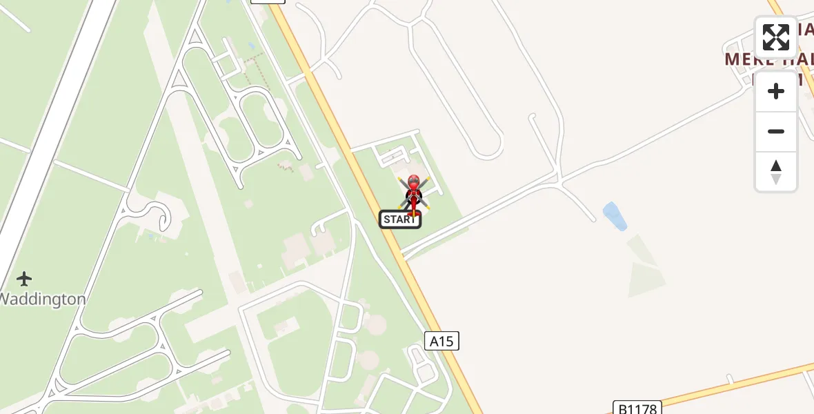 Flight path map showing Air Ambulance Helicopter route from RAF Waddington to North Kesteven