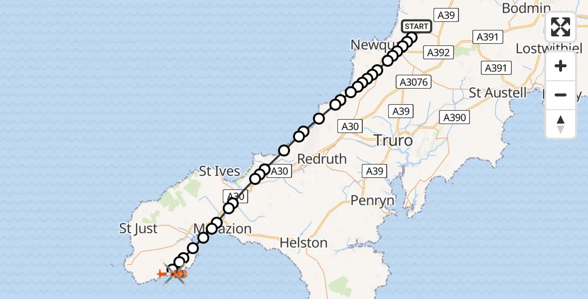 Flight path map showing Coastguard Helicopter route from Cornwall Airport Newquay to St Buryan, Lamorna and Paul