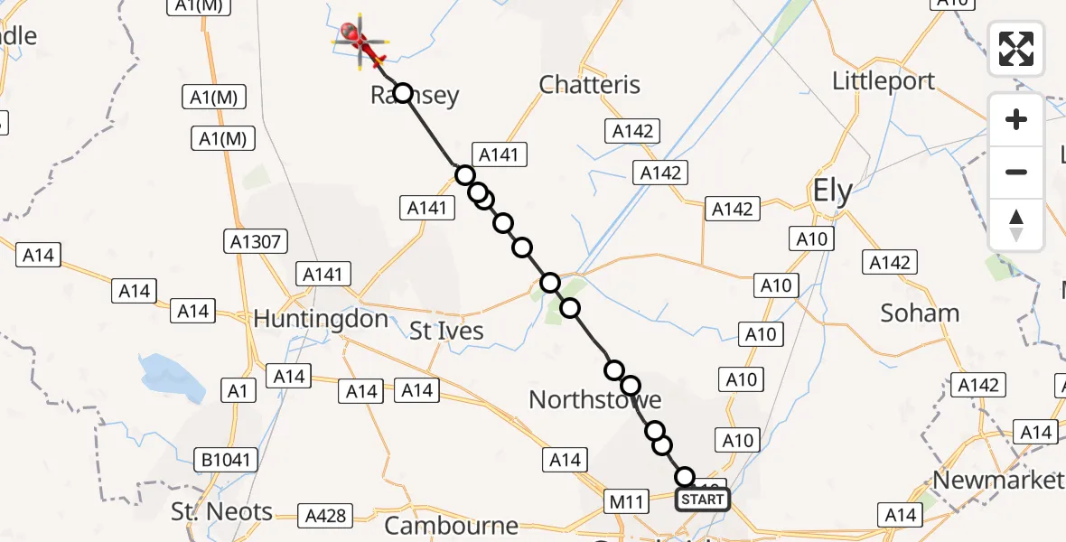 Flight path map showing Air Ambulance Helicopter route from Milton to Ramsey