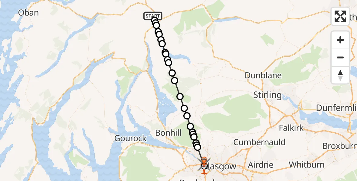 Flight path map showing Coastguard Helicopter route from Kirkton to Queen Elizabeth Hospital