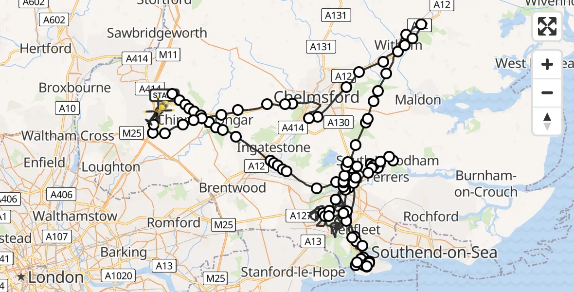Flight path map showing Police Helicopter route from North Weald Bassett to North Weald Airfield