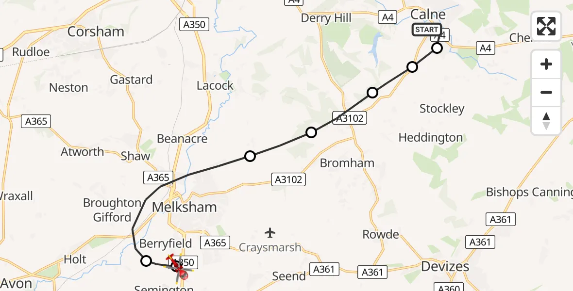 Flight path map showing Air Ambulance Helicopter route from Calne to Melksham
