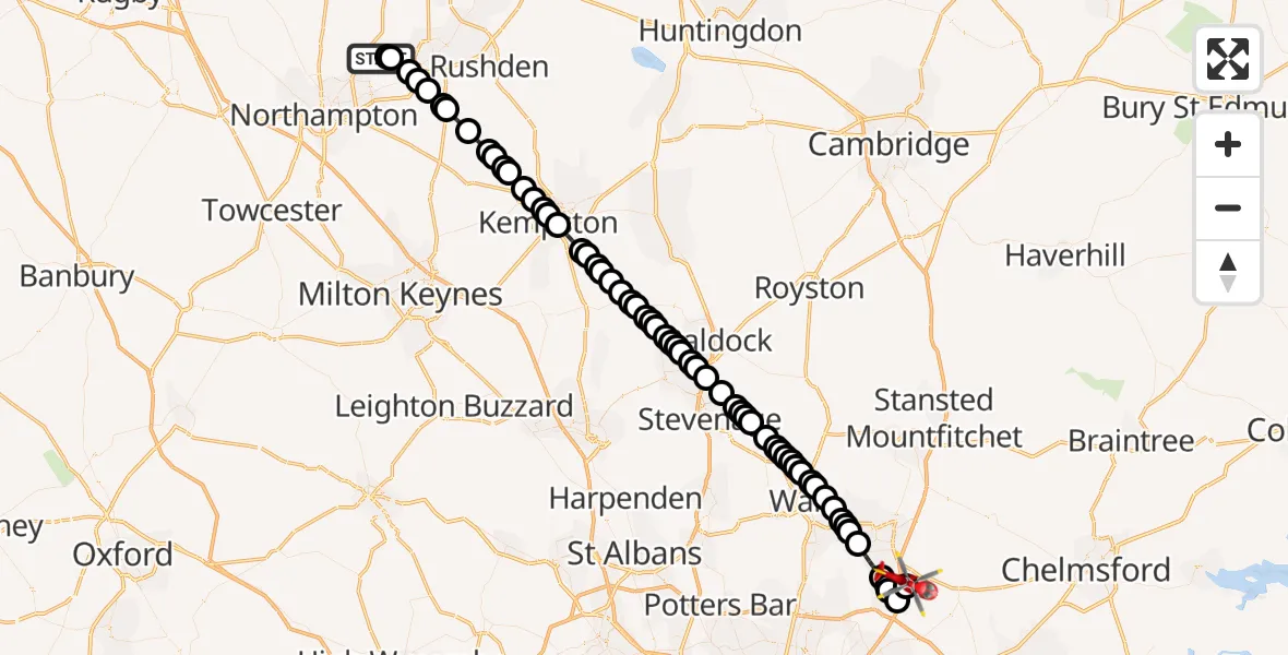 Flight path map showing Air Ambulance Helicopter route from Sywell Aerodrome to North Weald Airfield