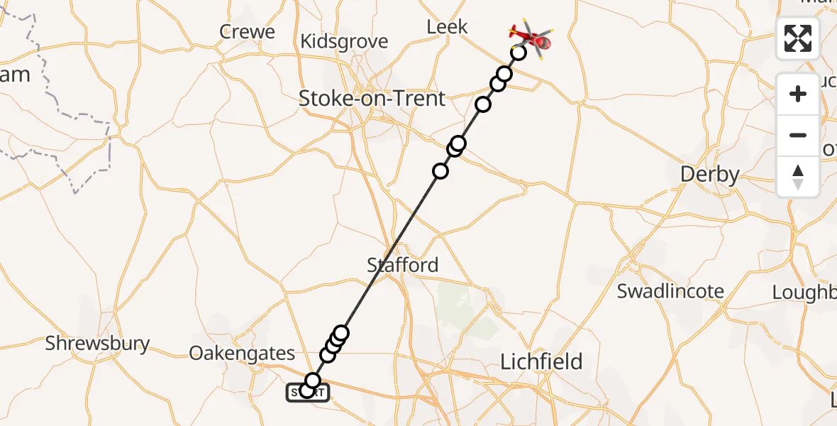 Flight path map showing Air Ambulance Helicopter route from RAF Cosford to Grindon