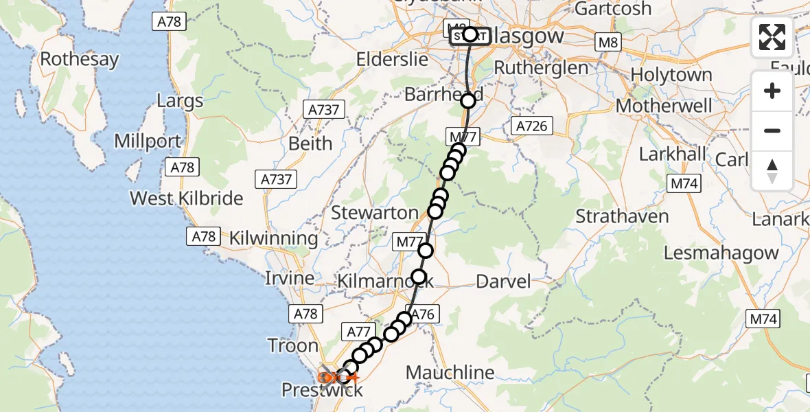 Flight path map showing Coastguard Helicopter route from Queen Elizabeth Hospital to Glasgow Prestwick Airport