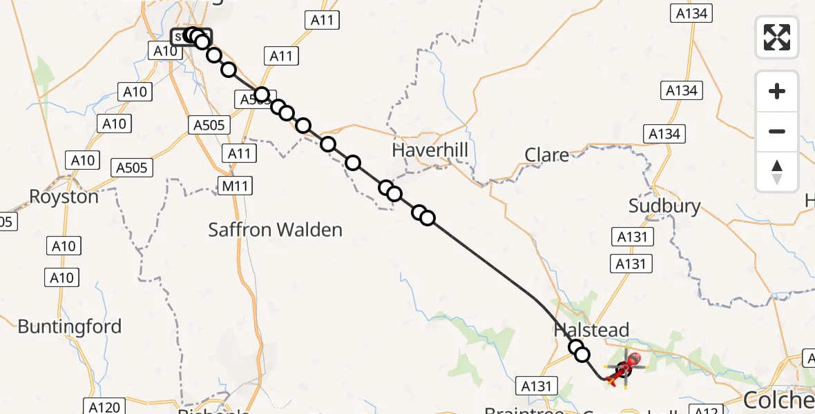 Flight path map showing Air Ambulance Helicopter route from Papworth Hospital to Earls Colne Airfield