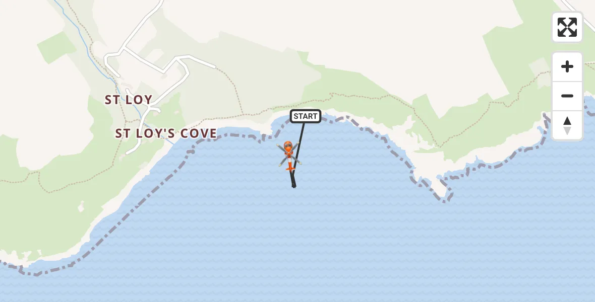 Flight path map showing Coastguard Helicopter route from St Buryan, Lamorna and Paul to St Buryan, Lamorna and Paul