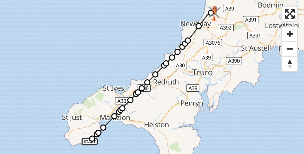 Flight path map showing Coastguard Helicopter route from St Buryan, Lamorna and Paul to Cornwall Airport Newquay