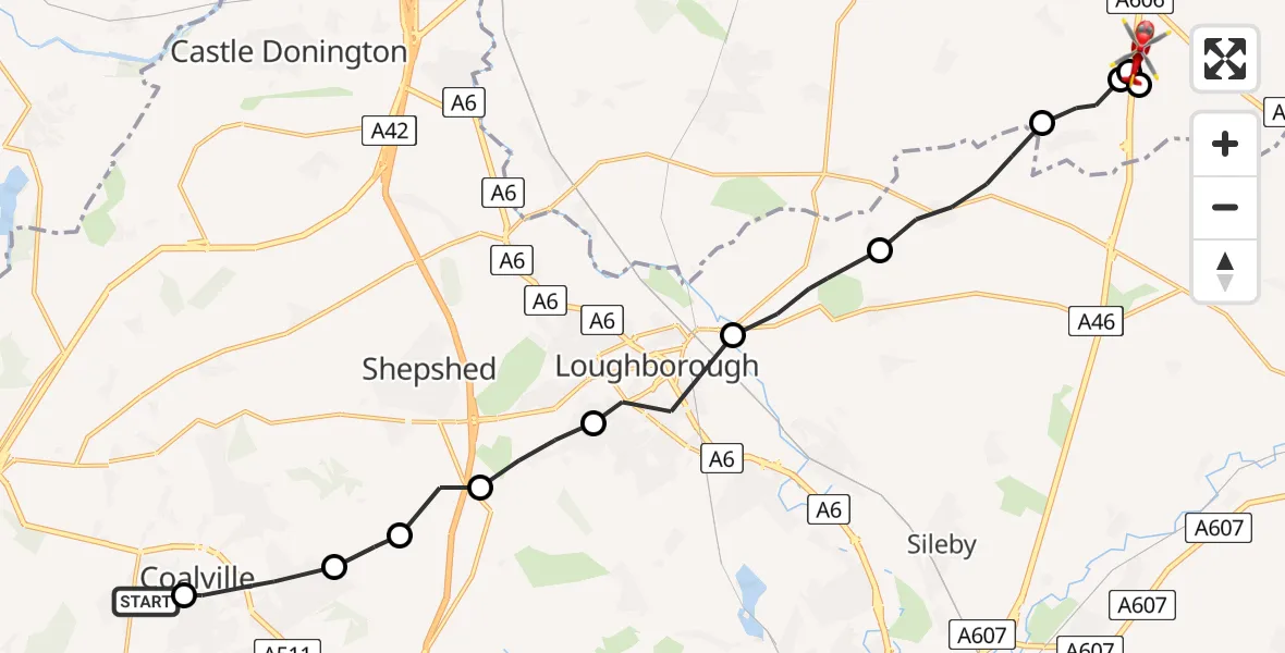 Flight path map showing Air Ambulance Helicopter route from Ravenstone to Nottingham Heliport