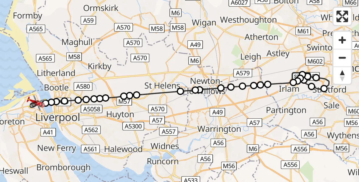 Flight path map showing Air Ambulance Helicopter route from Manchester Barton Aerodrome to Wallasey