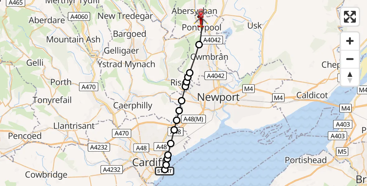 Flight path map showing Air Ambulance Helicopter route from Cardiff Heliport to Pontypool