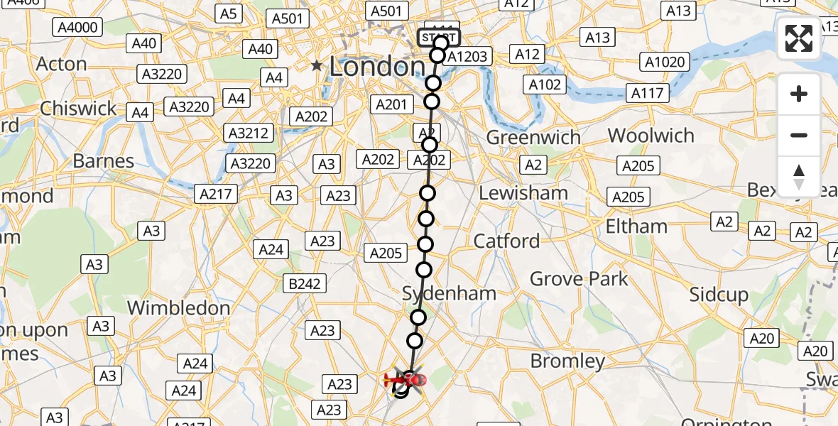 Flight path map showing Air Ambulance Helicopter route from Royal London Hospital to South Norwood