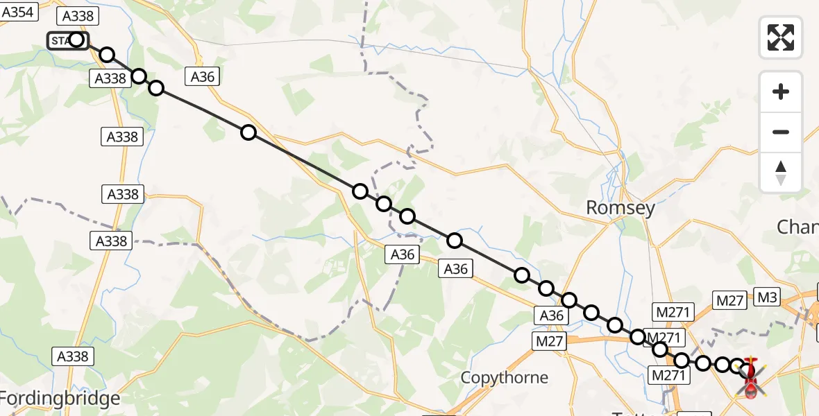 Flight path map showing Air Ambulance Helicopter route from Salisbury District Hospital to University Hospital Southampton