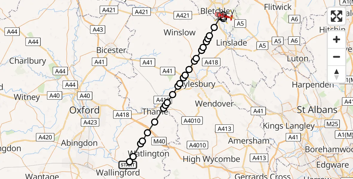 Flight path map showing Air Ambulance Helicopter route from RAF Benson to Great Brickhill
