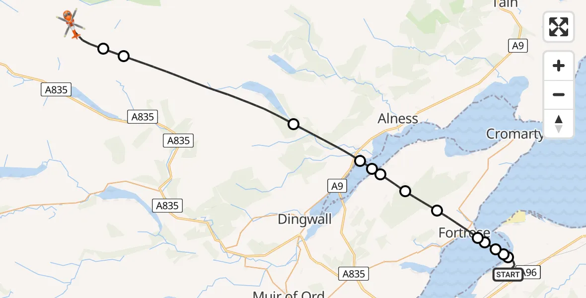 Flight path map showing Coastguard Helicopter route from Inverness Airport to Highland