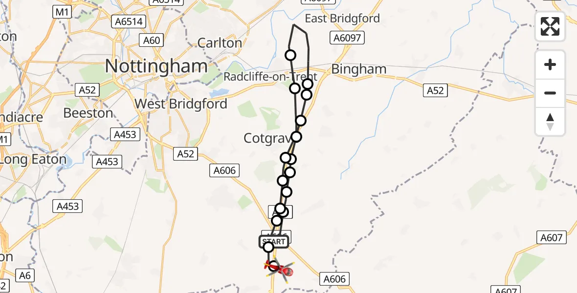 Flight path map showing Air Ambulance Helicopter route from Widmerpool to Rushcliffe
