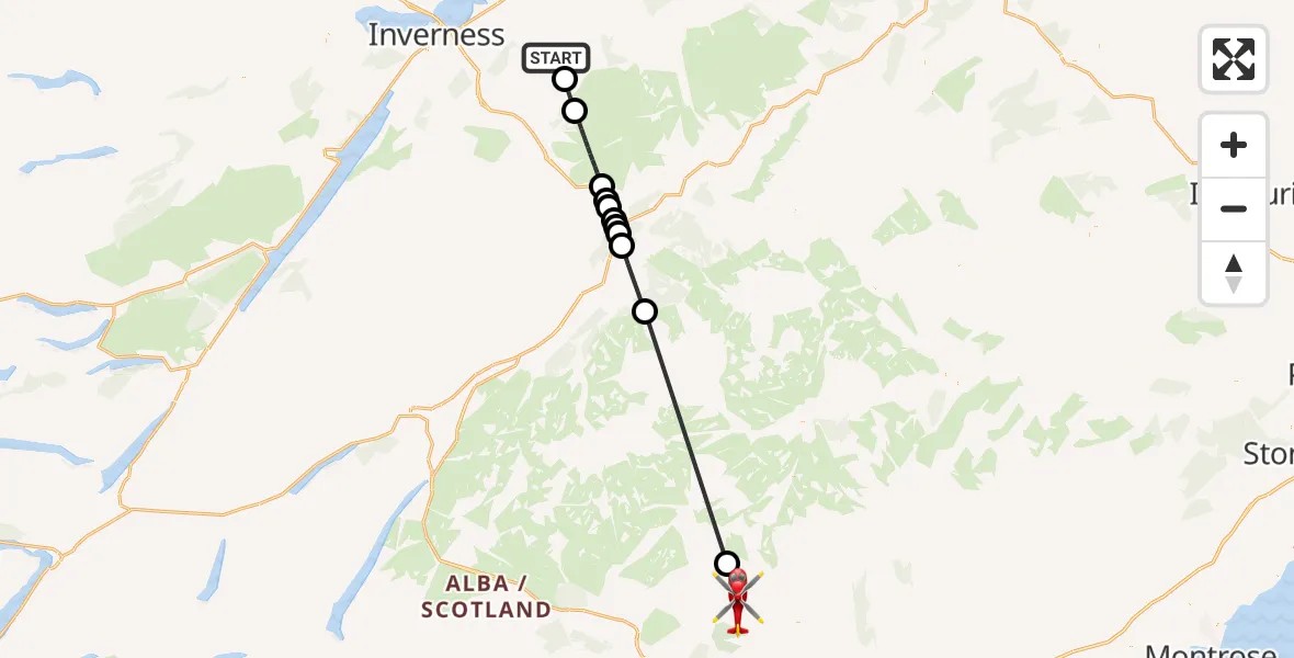 Flight path map showing Air Ambulance Helicopter route from Highland to Perth and Kinross