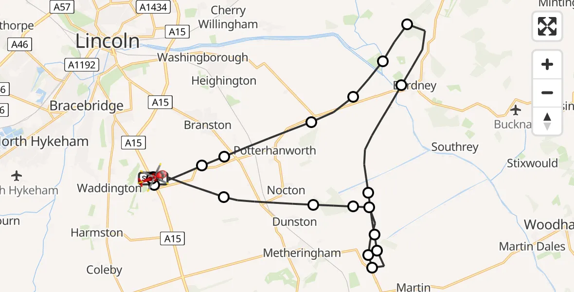 Flight path map showing Air Ambulance Helicopter route from RAF Waddington to North Kesteven