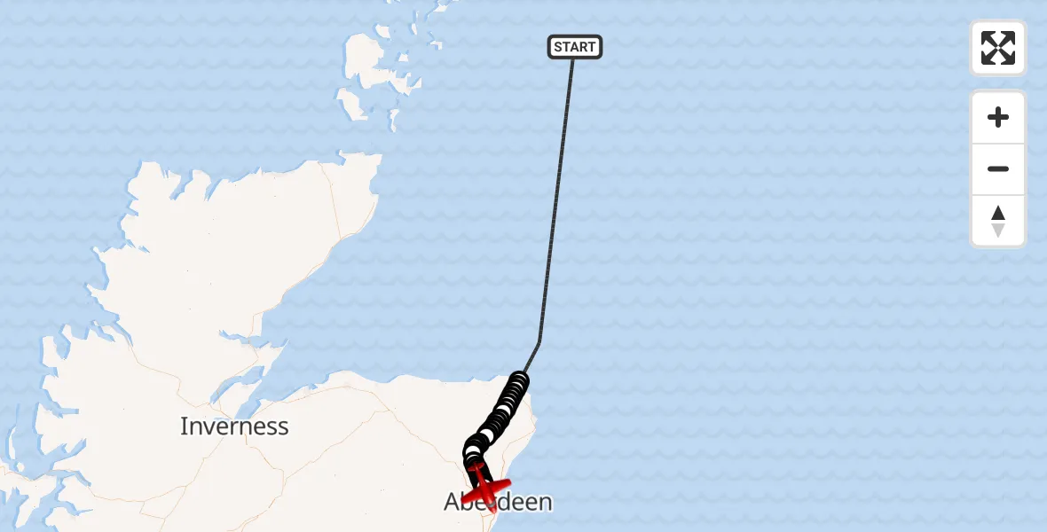 Flight path map showing Air Ambulance Aircraft route from North Sea to Aberdeen International Airport