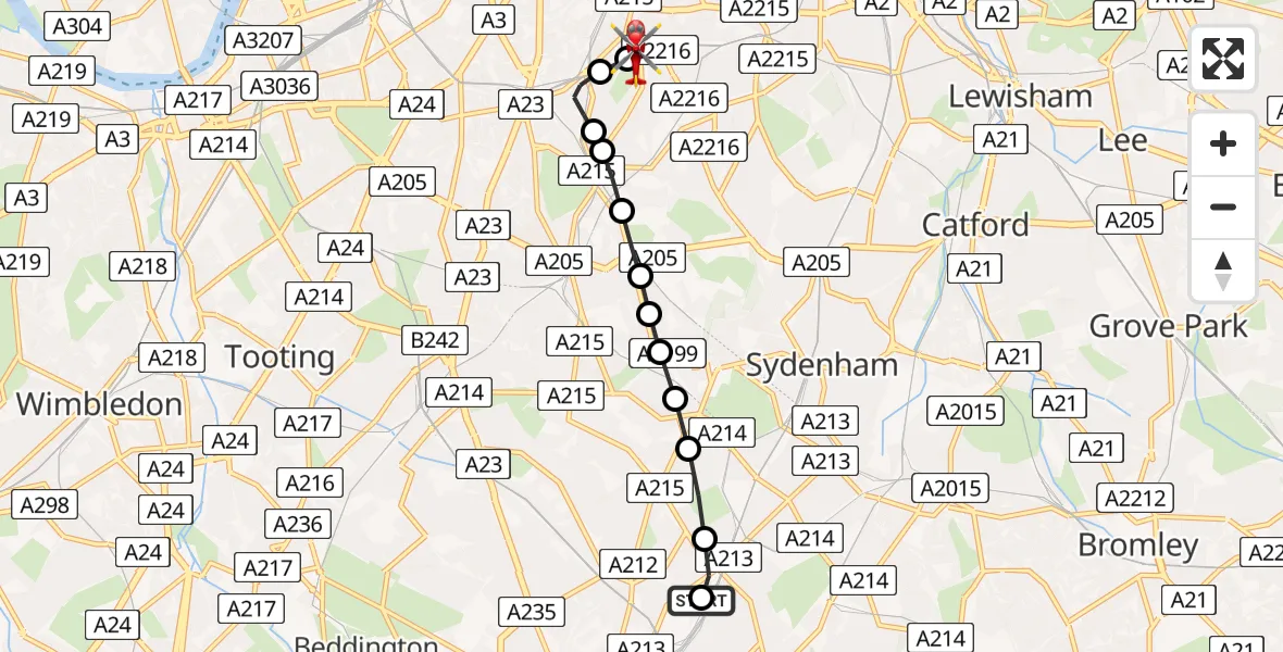 Flight path map showing Air Ambulance Helicopter route from South Norwood to Kings College London Hospital